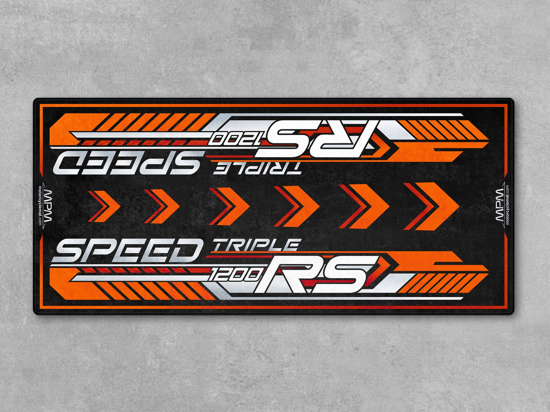 Triumph Speed Triple 1200 RS Baja Orange Motorcycle Garage mat rug carpet accessory gift for bike zone racetrack track prep setups.
