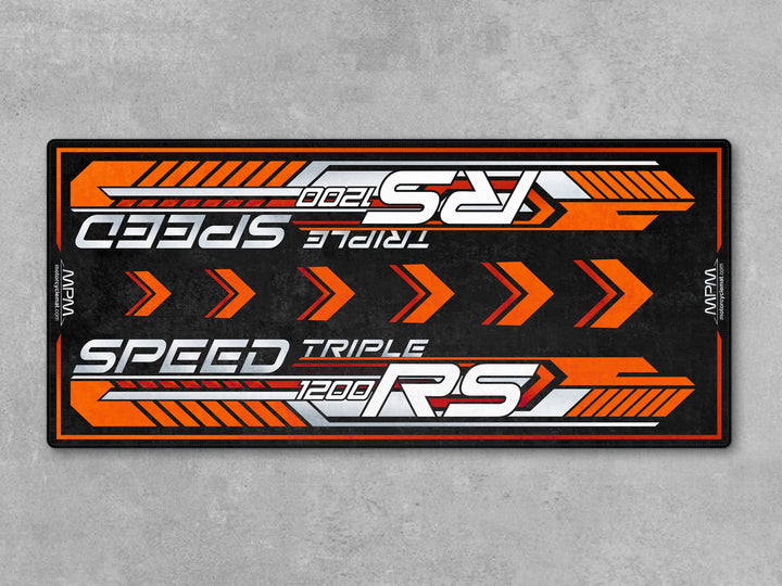 Triumph Speed Triple 1200 RS Baja Orange Motorcycle Garage mat rug carpet accessory gift for bike zone racetrack track prep setups.
