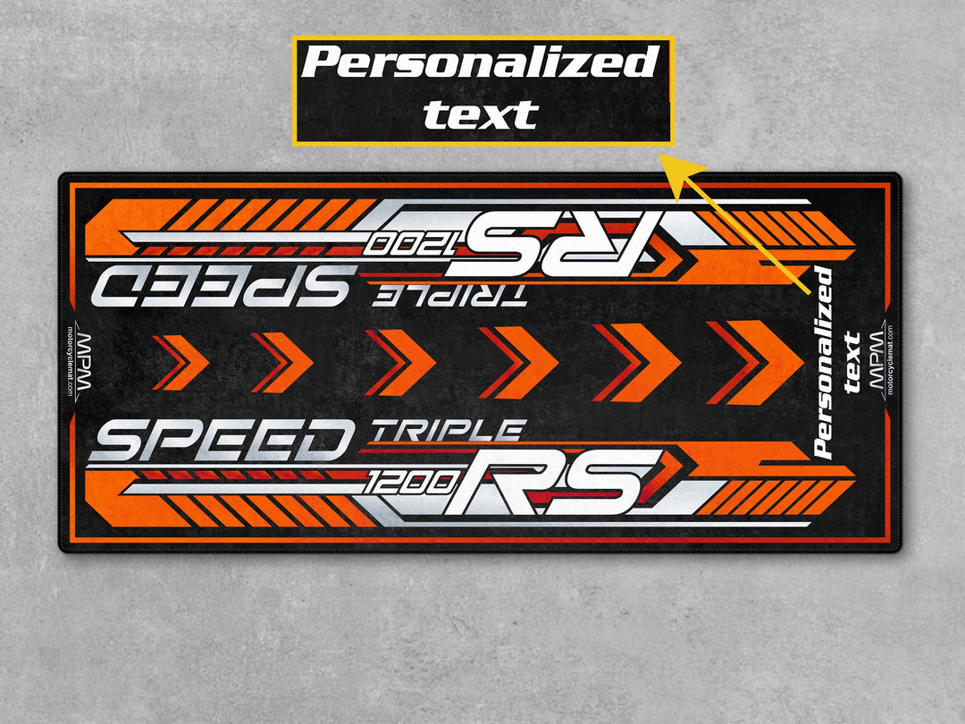 Triumph Speed Triple 1200 RS Baja Orange Motorcycle Garage mat for parts accessory superbike garage floor protection display use.
