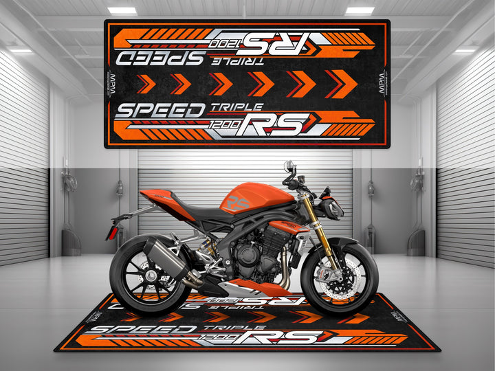 Triumph Speed Triple 1200 RS Baja Orange Motorcycle Garage mat for parking mat pit mat floor cover showroom motorcycle display.
