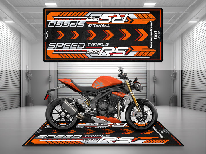 Triumph Speed Triple 1200 RS Baja Orange Motorcycle Garage mat custom pit rug with personalized text rider essentials gear.
