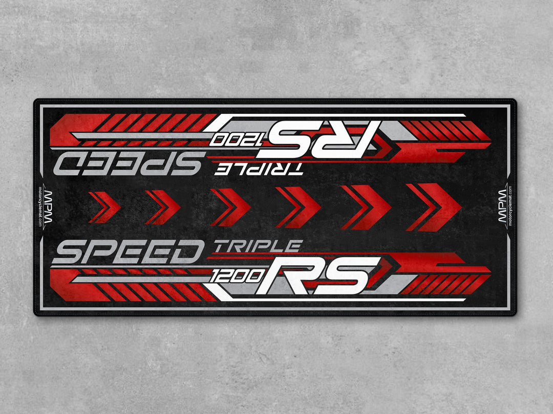 Triumph Speed Triple 1200 RS Carnival Red Motorcycle Garage mat rug carpet accessory gift for bike zone racetrack track prep setups.
