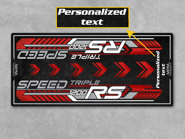 Triumph Speed Triple 1200 RS Carnival Red Motorcycle Garage mat for parts accessory superbike garage floor protection display use.
