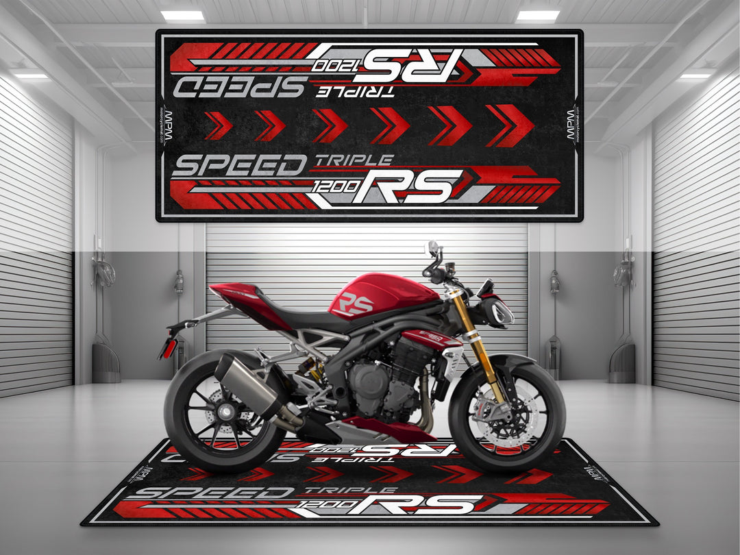Triumph Speed Triple 1200 RS Carnival Red Motorcycle Garage mat for parking mat pit mat floor cover showroom motorcycle display.
