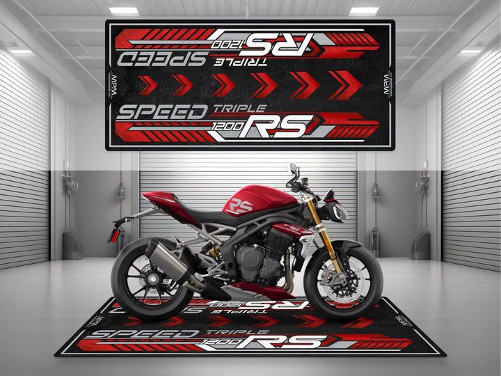 Triumph Speed Triple 1200 RS Carnival Red Motorcycle Garage mat for parking mat pit mat floor cover showroom motorcycle display.
