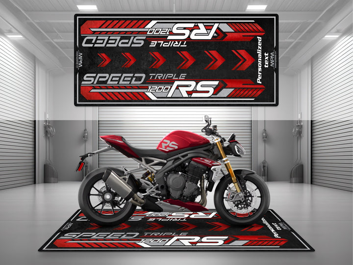 Triumph Speed Triple 1200 RS Carnival Red Motorcycle Garage mat custom pit rug with personalized text rider essentials gear.
