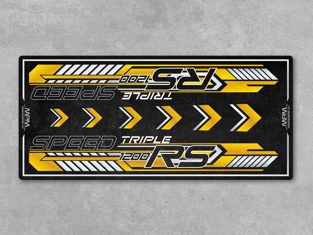 Triumph Speed Triple 1200 RS Cosmic Yellow Motorcycle Garage mat rug carpet accessory gift for bike zone racetrack track prep setups.
