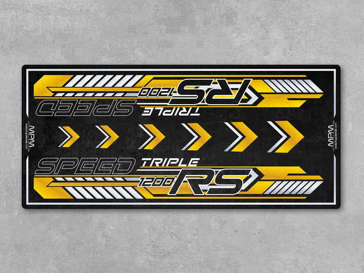Triumph Speed Triple 1200 RS Cosmic Yellow Motorcycle Garage mat rug carpet accessory gift for bike zone racetrack track prep setups.
