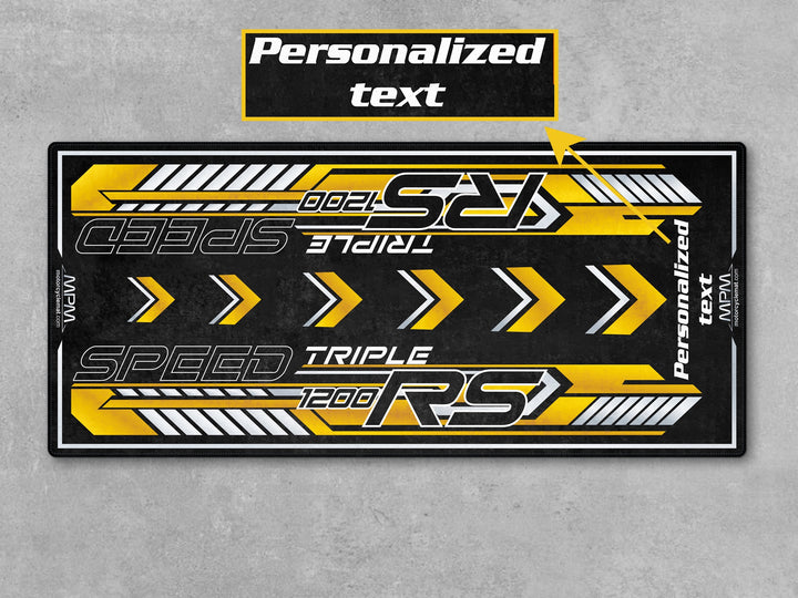 Triumph Speed Triple 1200 RS Cosmic Yellow Motorcycle Garage mat for parts accessory superbike garage floor protection display use.

