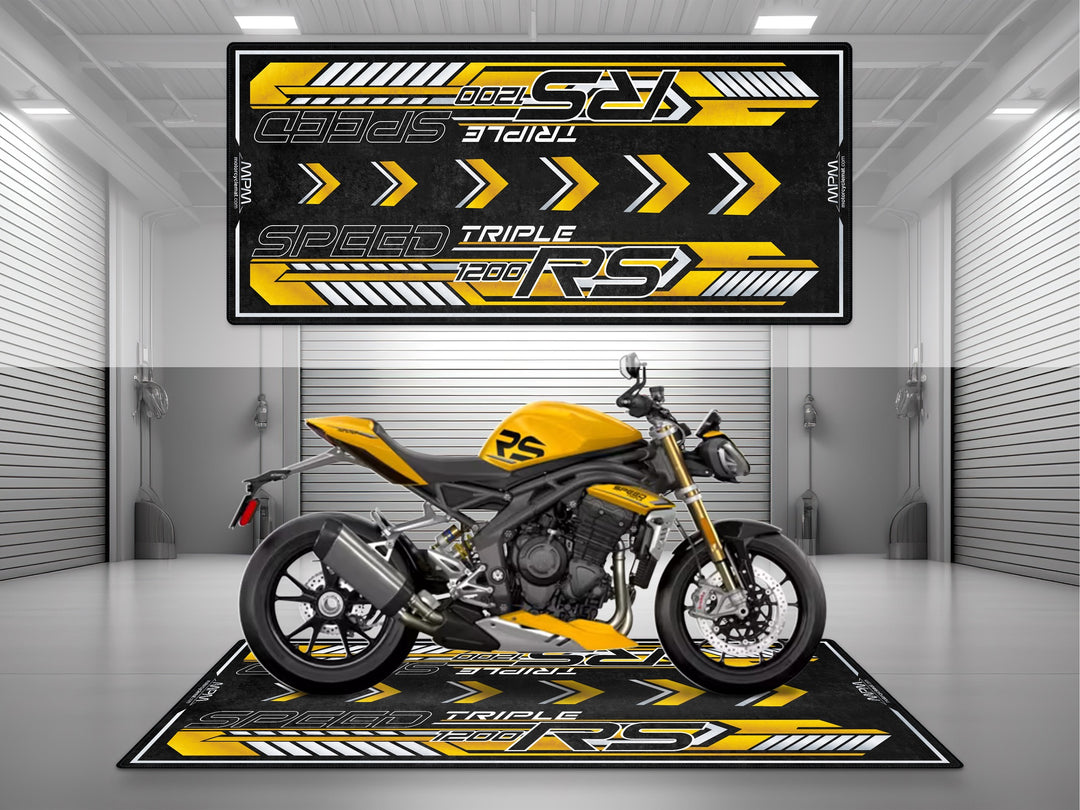 Triumph Speed Triple 1200 RS Cosmic Yellow Motorcycle Garage mat for parking mat pit mat floor cover showroom motorcycle display.
