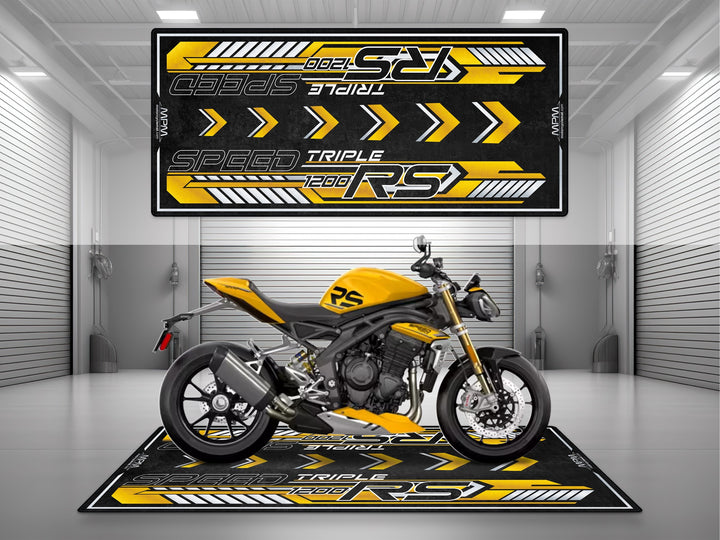Triumph Speed Triple 1200 RS Cosmic Yellow Motorcycle Garage mat for parking mat pit mat floor cover showroom motorcycle display.
