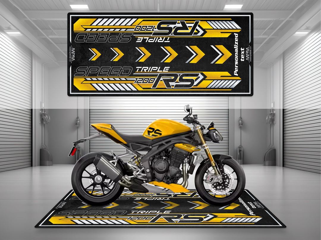 Triumph Speed Triple 1200 RS Cosmic Yellow Motorcycle Garage mat custom pit rug with personalized text rider essentials gear.
