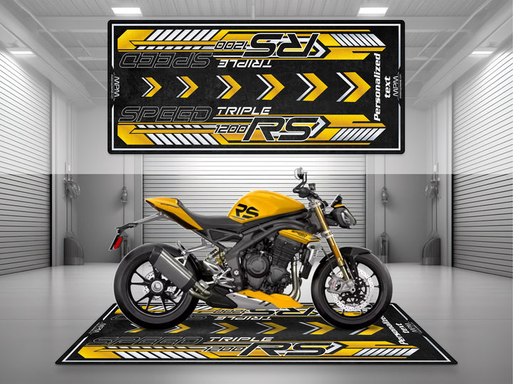 Triumph Speed Triple 1200 RS Cosmic Yellow Motorcycle Garage mat custom pit rug with personalized text rider essentials gear.
