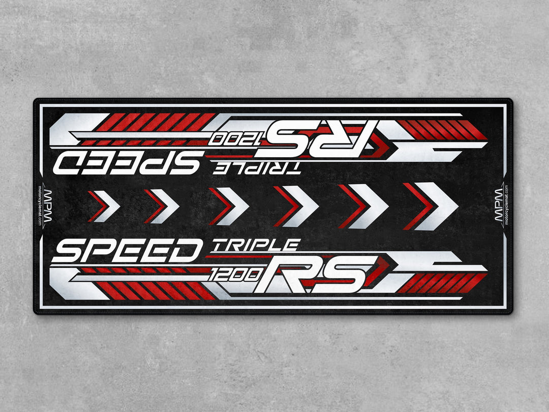 Triumph Speed Triple 1200 RS Diablo Red Motorcycle Garage mat rug carpet accessory gift for bike zone racetrack track prep setups.
