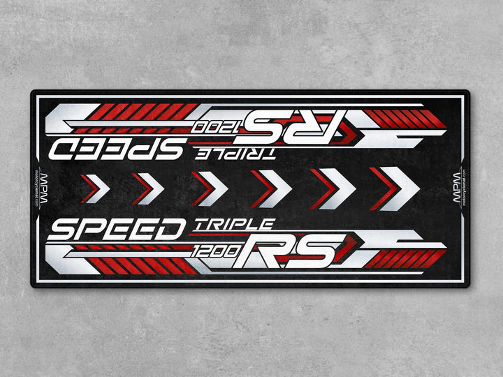 Triumph Speed Triple 1200 RS Diablo Red Motorcycle Garage mat rug carpet accessory gift for bike zone racetrack track prep setups.
