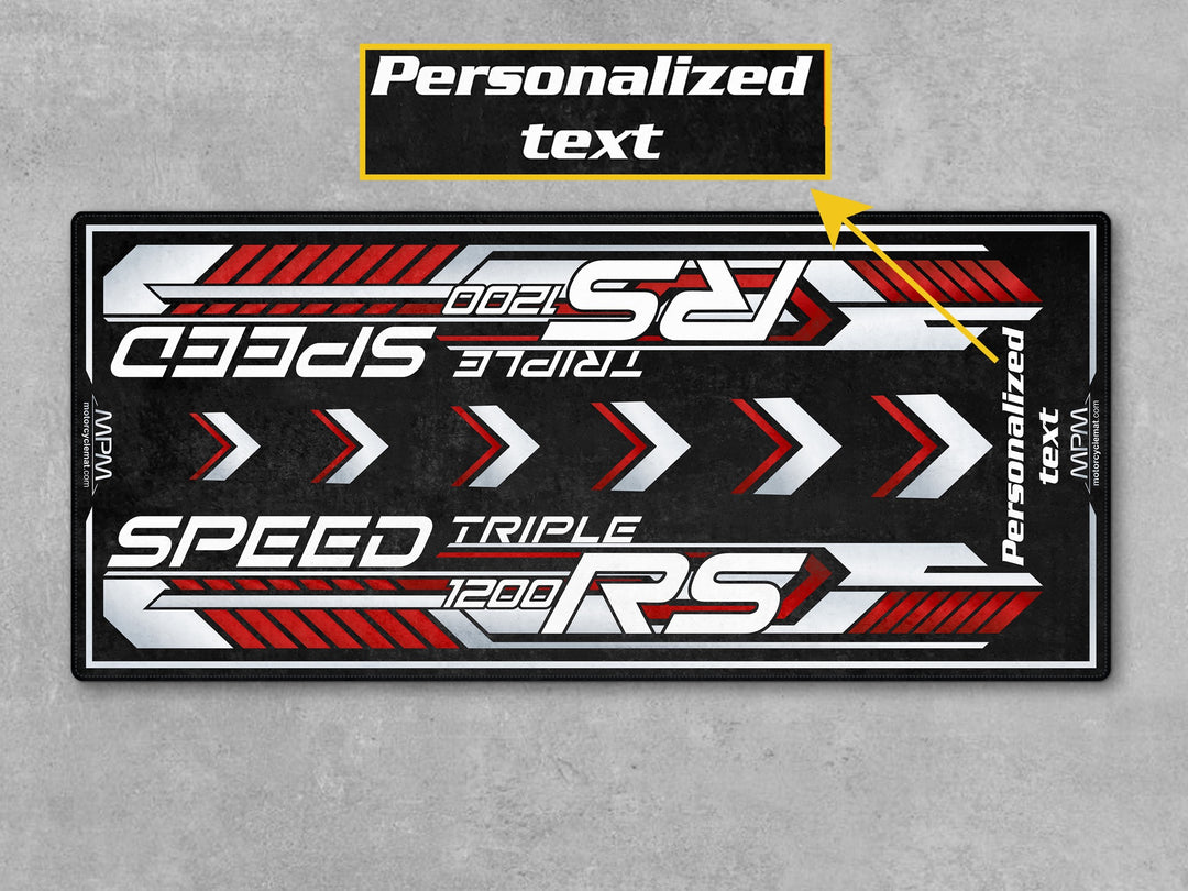Triumph Speed Triple 1200 RS Diablo Red Motorcycle Garage mat for parts accessory superbike garage floor protection display use.

