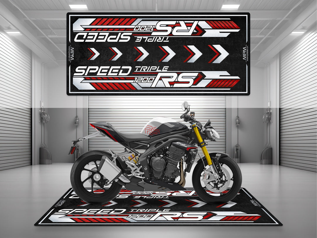 Triumph Speed Triple 1200 RS Diablo Red Motorcycle Garage mat for parking mat pit mat floor cover showroom motorcycle display.
