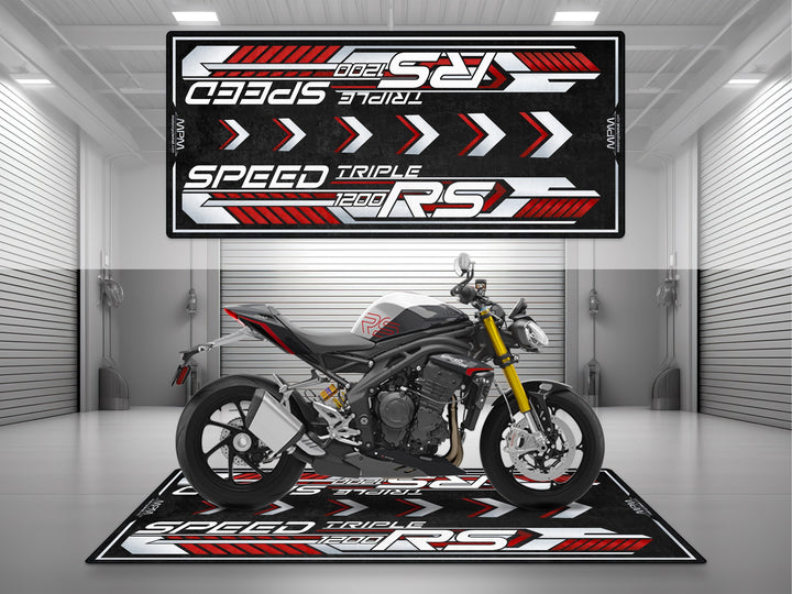 Triumph Speed Triple 1200 RS Diablo Red Motorcycle Garage mat for parking mat pit mat floor cover showroom motorcycle display.
