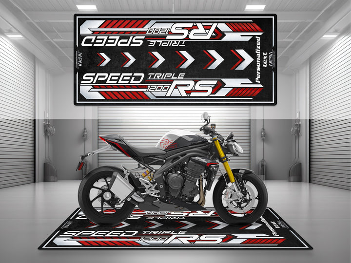 Triumph Speed Triple 1200 RS Diablo Red Motorcycle Garage mat custom pit rug with personalized text rider essentials gear.
