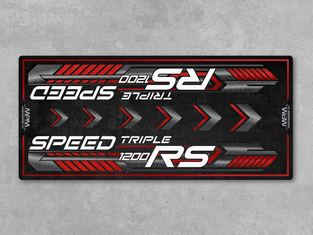 Triumph Speed Triple 1200 RS Jet Black Motorcycle Garage mat rug carpet accessory gift for bike zone racetrack track prep setups.
