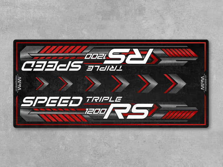 Triumph Speed Triple 1200 RS Jet Black Motorcycle Garage mat rug carpet accessory gift for bike zone racetrack track prep setups.
