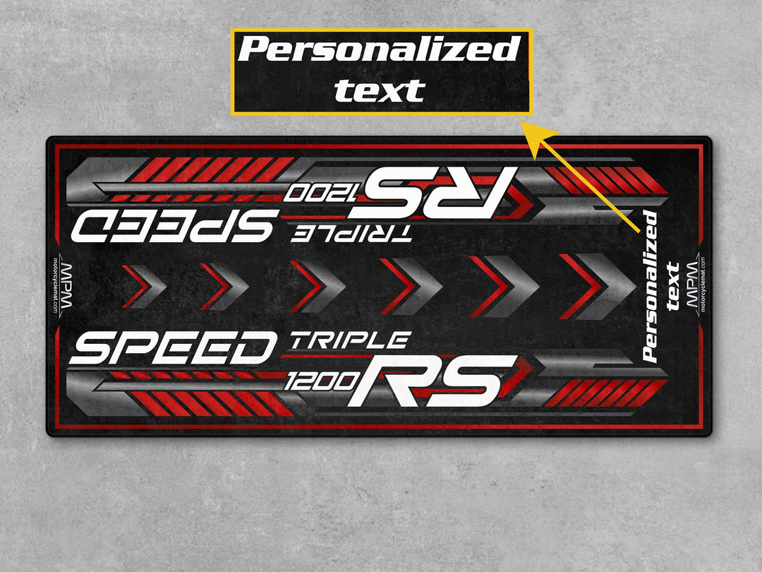 Triumph Speed Triple 1200 RS Jet Black Motorcycle Garage mat for parts accessory superbike garage floor protection display use.
