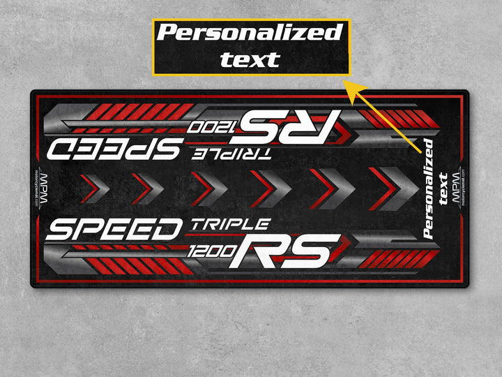 Triumph Speed Triple 1200 RS Jet Black Motorcycle Garage mat for parts accessory superbike garage floor protection display use.
