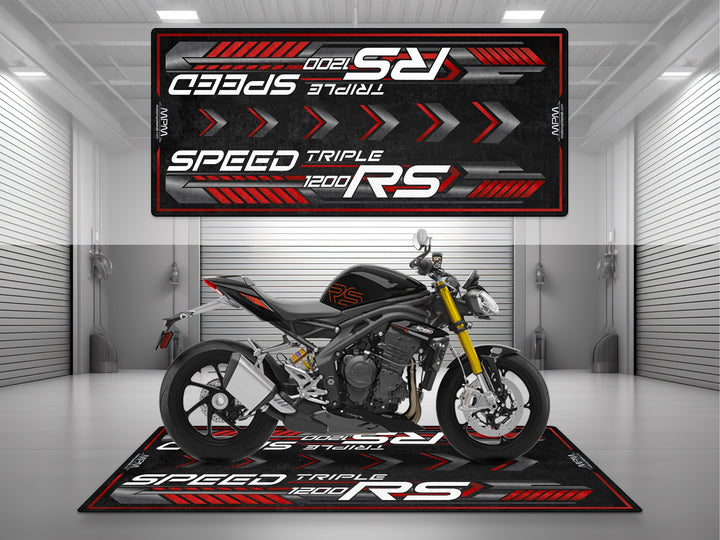 Triumph Speed Triple 1200 RS Jet Black Motorcycle Garage mat for parking mat pit mat floor cover showroom motorcycle display.

