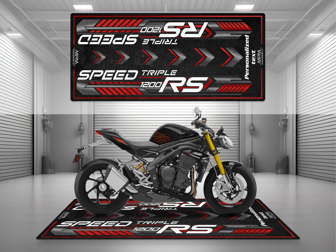 Triumph Speed Triple 1200 RS Jet Black Motorcycle Garage mat custom pit rug with personalized text rider essentials gear.
