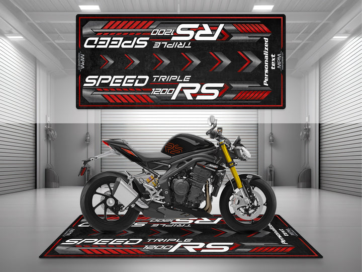 Triumph Speed Triple 1200 RS Jet Black Motorcycle Garage mat custom pit rug with personalized text rider essentials gear.
