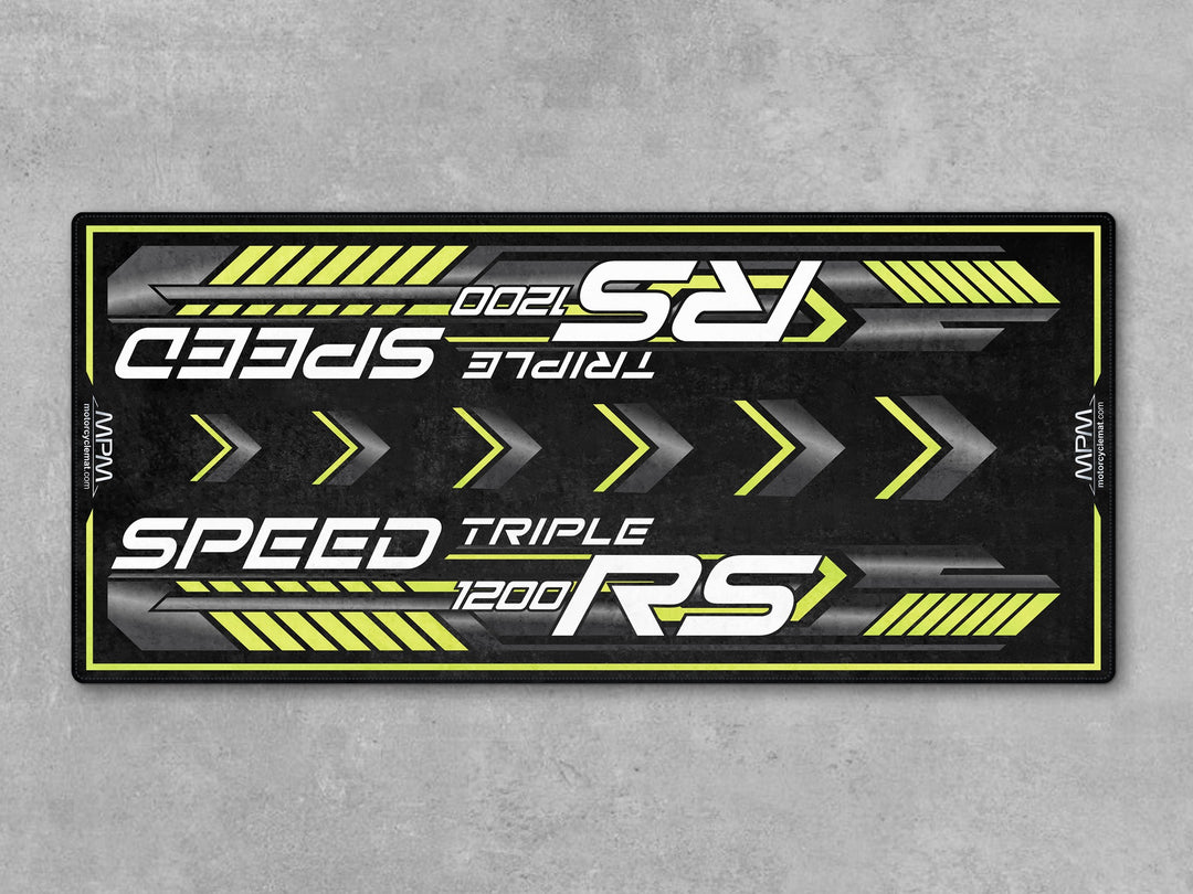 Triumph Speed Triple 1200 RS Performance Yellow Motorcycle Garage mat rug carpet accessory gift for bike zone racetrack track prep.
