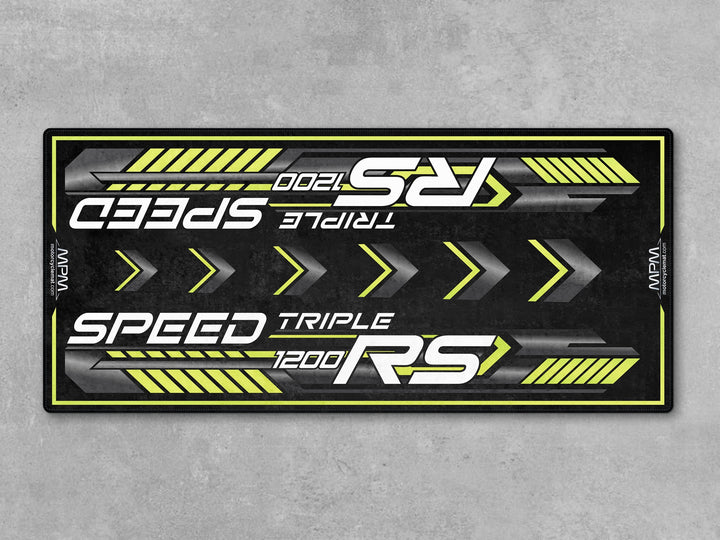 Triumph Speed Triple 1200 RS Performance Yellow Motorcycle Garage mat rug carpet accessory gift for bike zone racetrack track prep.
