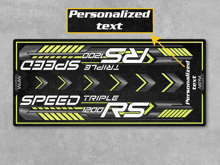 Triumph Speed Triple 1200 RS Performance Yellow Motorcycle Garage mat for parts accessory superbike garage floor protection display.
