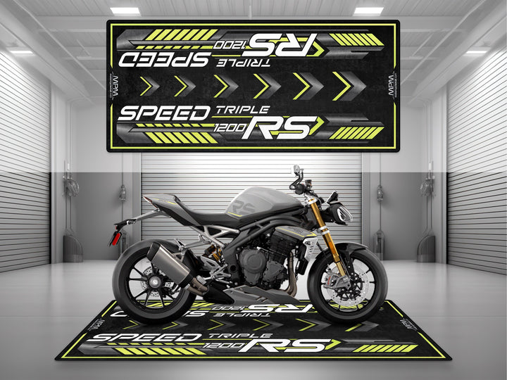 Triumph Speed Triple 1200 RS Performance Yellow Motorcycle Garage mat for parking mat pit mat floor cover showroom motorcycle display.
