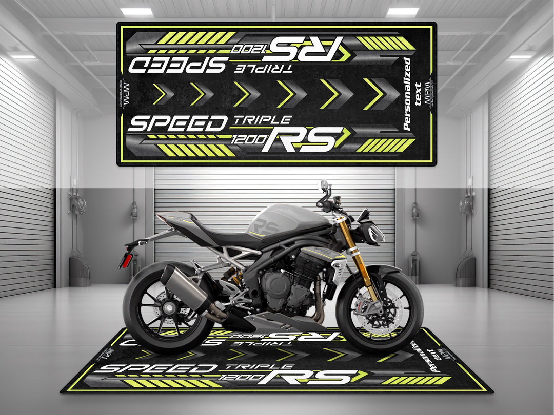 Triumph Speed Triple 1200 RS Performance Yellow Motorcycle Garage mat custom pit rug with personalized text rider essentials gear.

