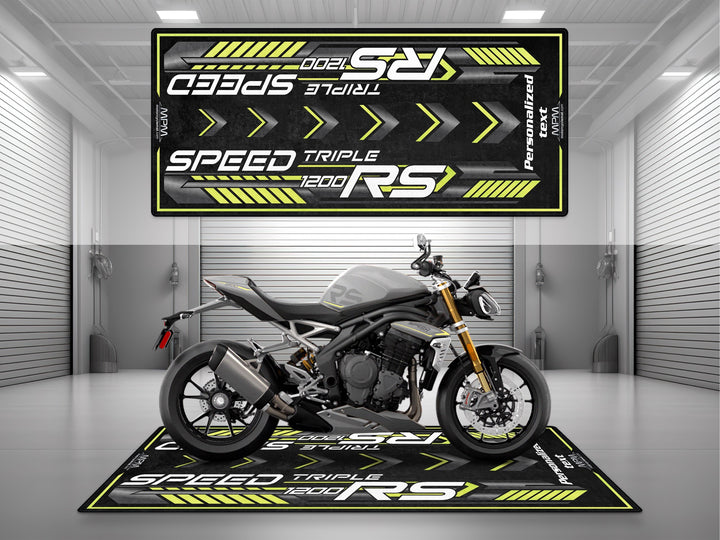 Triumph Speed Triple 1200 RS Performance Yellow Motorcycle Garage mat custom pit rug with personalized text rider essentials gear.

