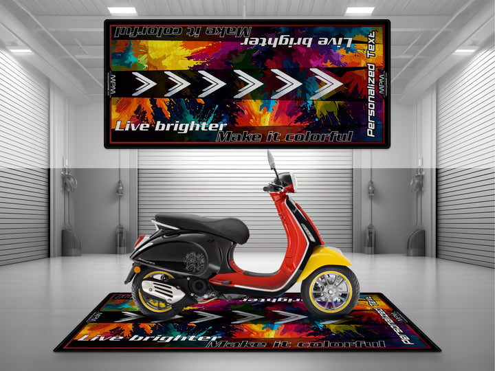 Vespa Motorcycle Pit mat for Sprint, GTS, Primavera – personalized colorful rug, perfect accessory for rider essentials.
