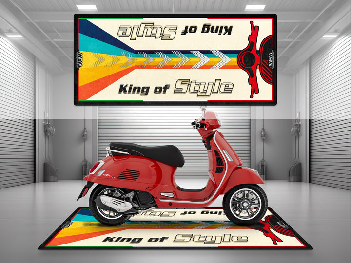 Vespa Motorcycle Garage mat for Primavera, Sprint, GTS – red scooter display rug, perfect floor cover for stylish bike zones.

