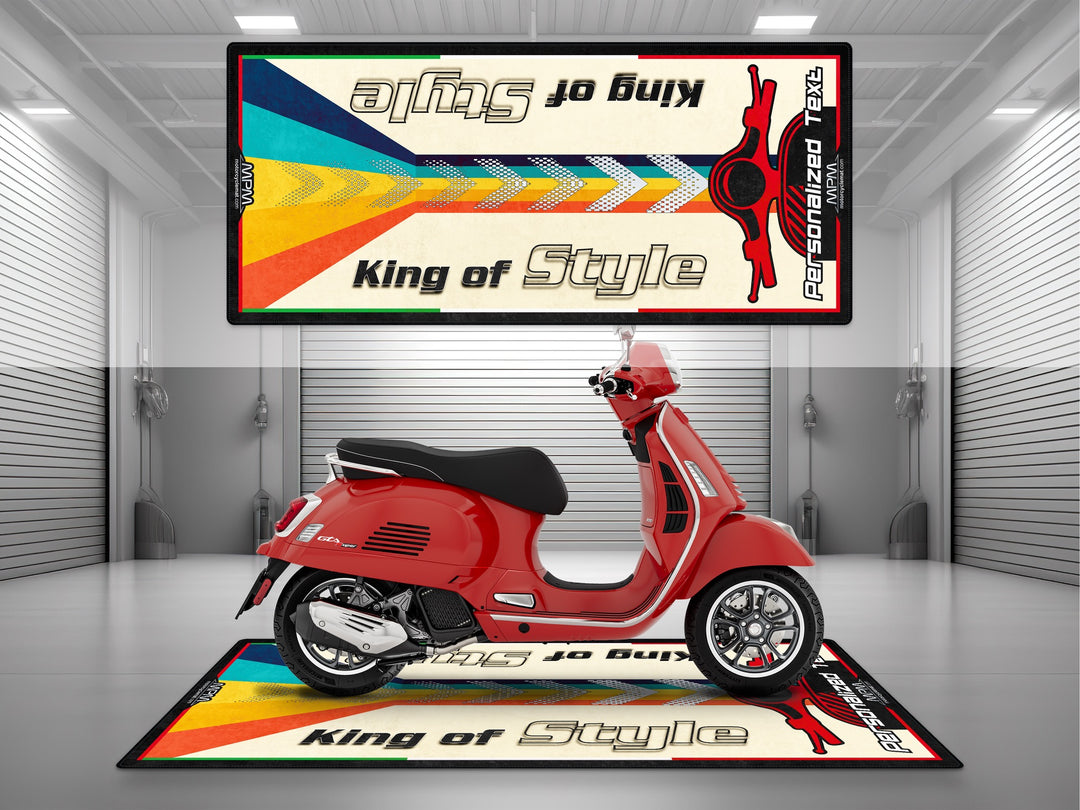 Vespa Motorcycle Parking mat for GTS, Primavera, Sprint – personalized pit rug, ideal accessory for showroom or track prep.
