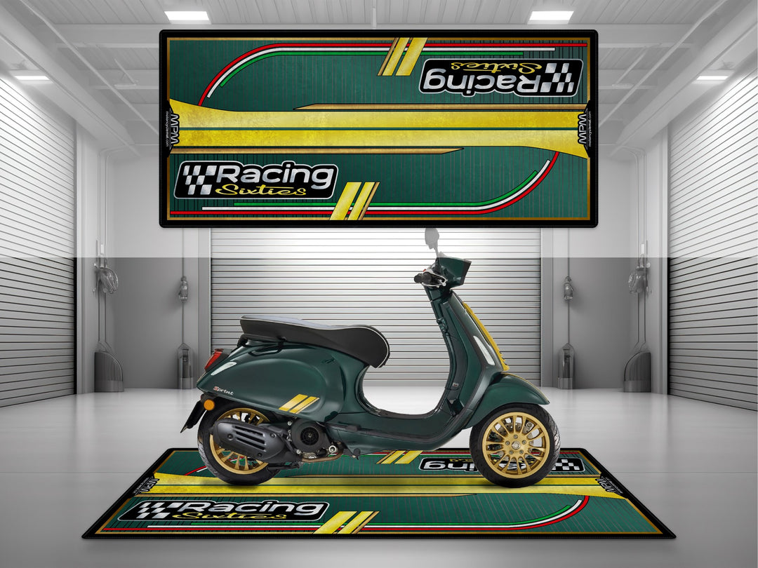 Vespa Racing Sixties Green Motorcycle Garage mat – yellow green pit rug, showroom floor cover, rider essentials.
