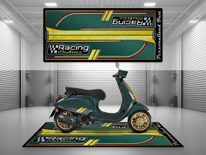 Vespa Racing Sixties Green Motorcycle Garage mat – personalized custom pit rug, superbike garage gift accessory.
