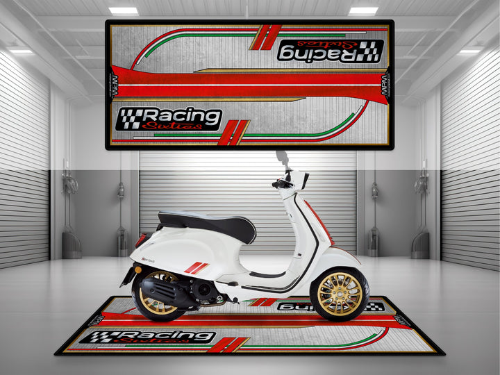 Vespa Racing Sixties White Motorcycle Garage mat – red white pit rug, showroom floor cover, rider essentials.
