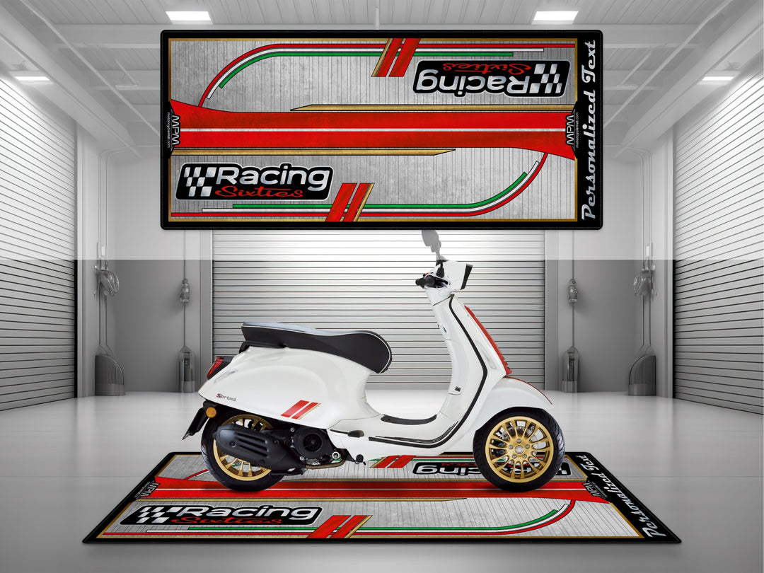 Vespa Racing Sixties White Motorcycle Garage mat – personalized custom pit rug, superbike garage gift accessory.

