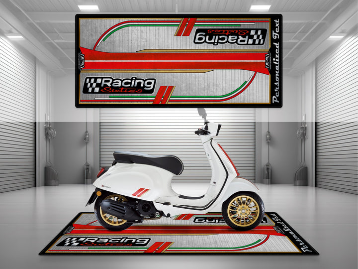 Vespa Racing Sixties White Motorcycle Garage mat – personalized custom pit rug, superbike garage gift accessory.
