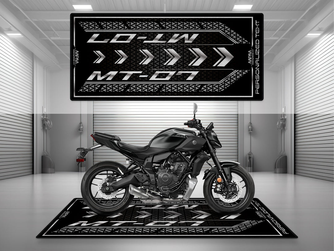 Yamaha MT-07 Black Motorcycle Garage mat – personalized custom pit rug, superbike garage gift accessory, motorcycle gear.
