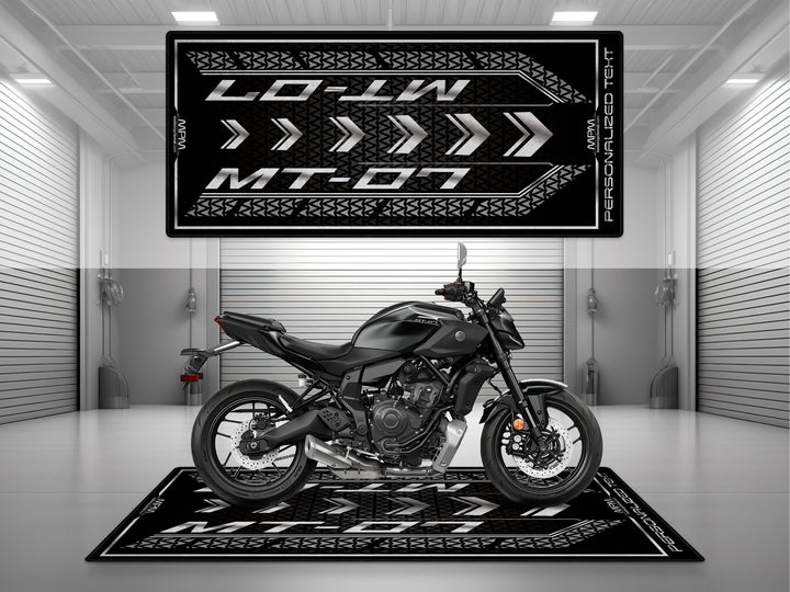 Yamaha MT-07 Black Motorcycle Garage mat – personalized custom pit rug, superbike garage gift accessory, motorcycle gear.
