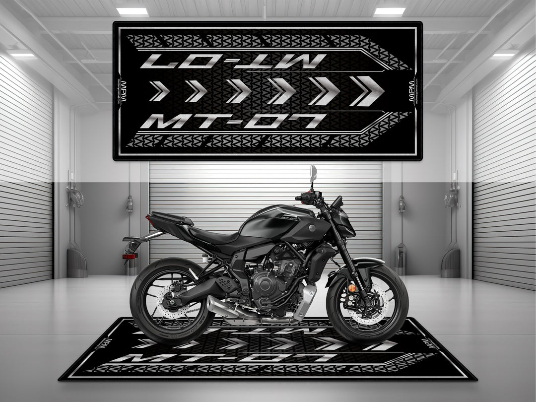 Yamaha MT-07 Black Motorcycle Garage mat – black pit rug, parking mat, showroom floor cover for rider essentials.
