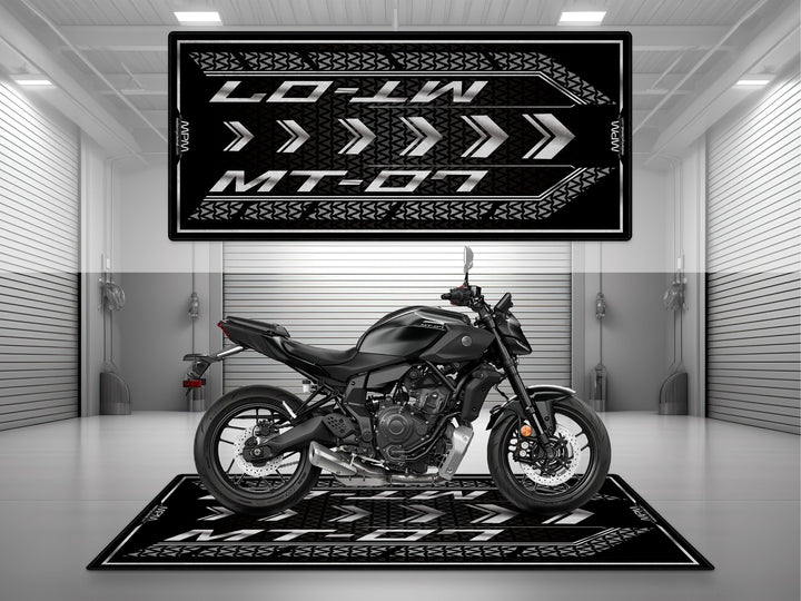 Yamaha MT-07 Black Motorcycle Garage mat – black pit rug, parking mat, showroom floor cover for rider essentials.
