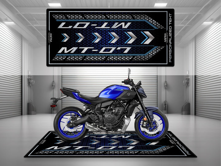 Yamaha MT-07 Blue Motorcycle Garage mat – personalized custom pit rug, superbike garage gift accessory, motorcycle gear.
