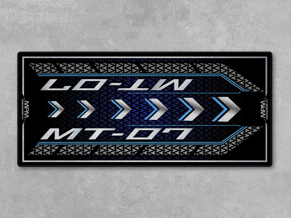 Yamaha MT-07 Blue Motorcycle Garage mat with Thermoplastic Rubber floor cover, bike zone display carpet, track prep.
